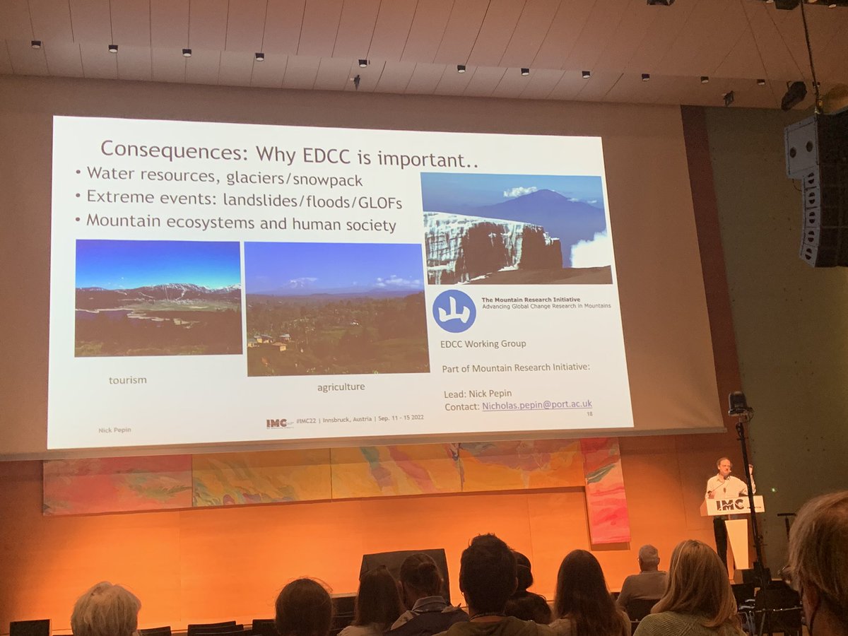 Nick Pepin putting mountain climate change in perspective: Mountains are complex, warm more, but will receive less precipitation under future climates. This will have dire consequences for mountain ecosystems, water, and people. We depend on mountains. #IMC22