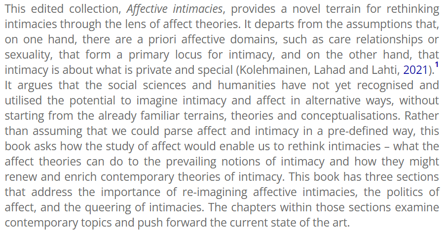 MarjoKolehmain's tweet photo. 1/10 TOC of Affective intimacies @ManchesterUP: Open access intro Marjo Kolehmainen & @AnnukkaLahti & @be975e7997b04c8 (2022): Introduction: https://t.co/omlQHNSAnK #affect #intimacy #OA #care #queer #empathy #austerity #motherhood #teletherapy #spatiality #FNMs https://t.co/qA1qtCBEVD