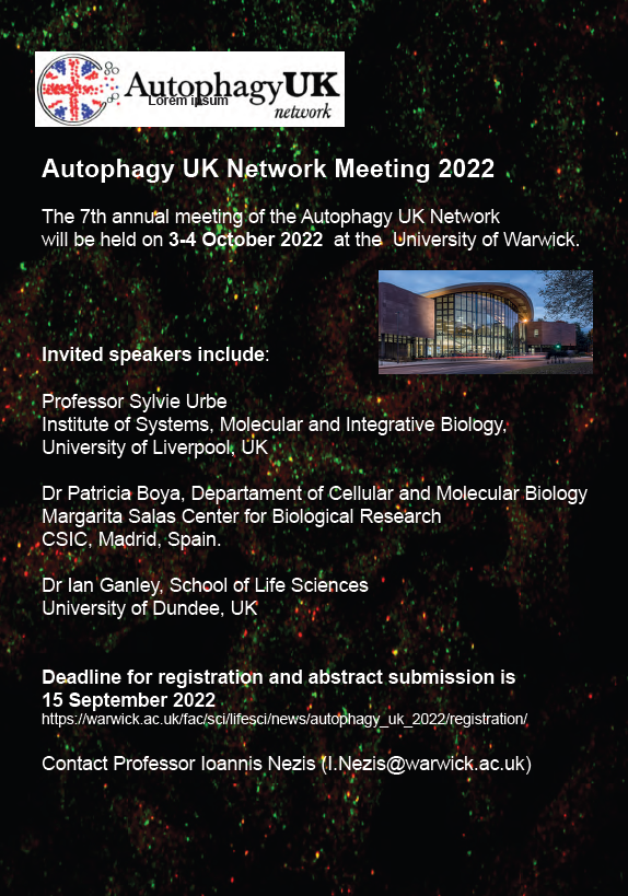 WAutophagy's tweet photo. #MeetingAlert #September15 registration and abstract deadline for the annual @autophagyuk network meeting at Warwick...are you going to miss this great opportunity?? Registration link 👇
https://t.co/UsIKpI7rJL
#WomenInScience @patricia_boya @LabGanley @NezisLab @sharontooze01 https://t.co/saJVZAwDbb