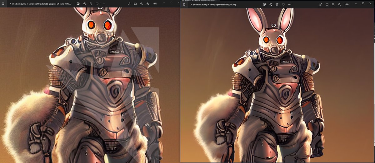 Jaraz_'s tweet photo. Testing out some different up-scalers going from 1117 to 8936 (8x) , Gigapixel on the left with the watermark and Real-ESRGAN on the right #AI #AIart #stablediffusion https://t.co/9XjrkkST3C