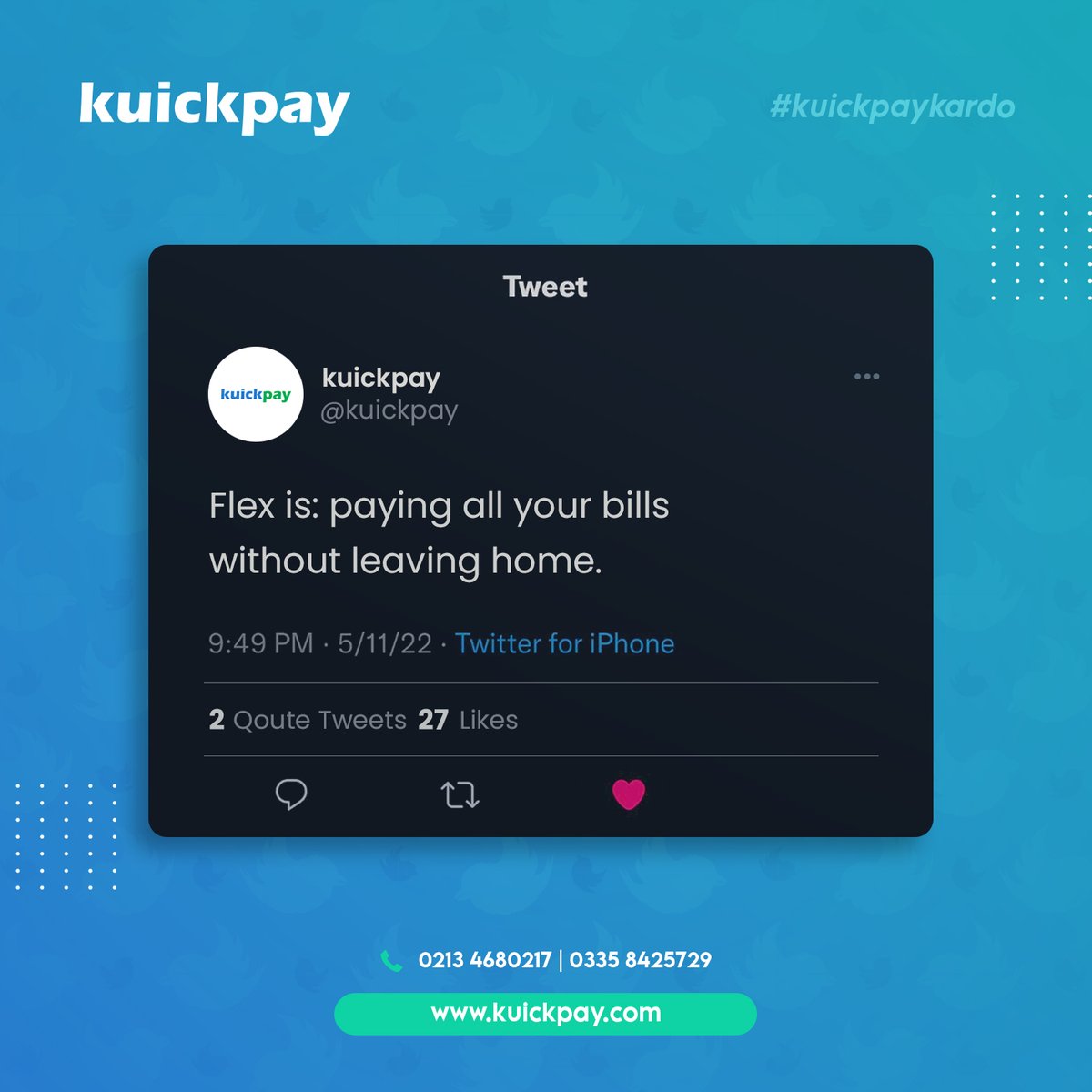 kuickpay's tweet photo. Be Smart and make your bill payments more simpler!

For further information, feel free to contact Kuickpay via WhatsApp on https://t.co/Qh6N7XUBZ1
Visit our website: https://t.co/Y2SoeMgOZg
Email us: info@kuickpay.com

#kuickpay #paymentsolution #smartpayments #digitalpayments https://t.co/lz5Wi5Lojq