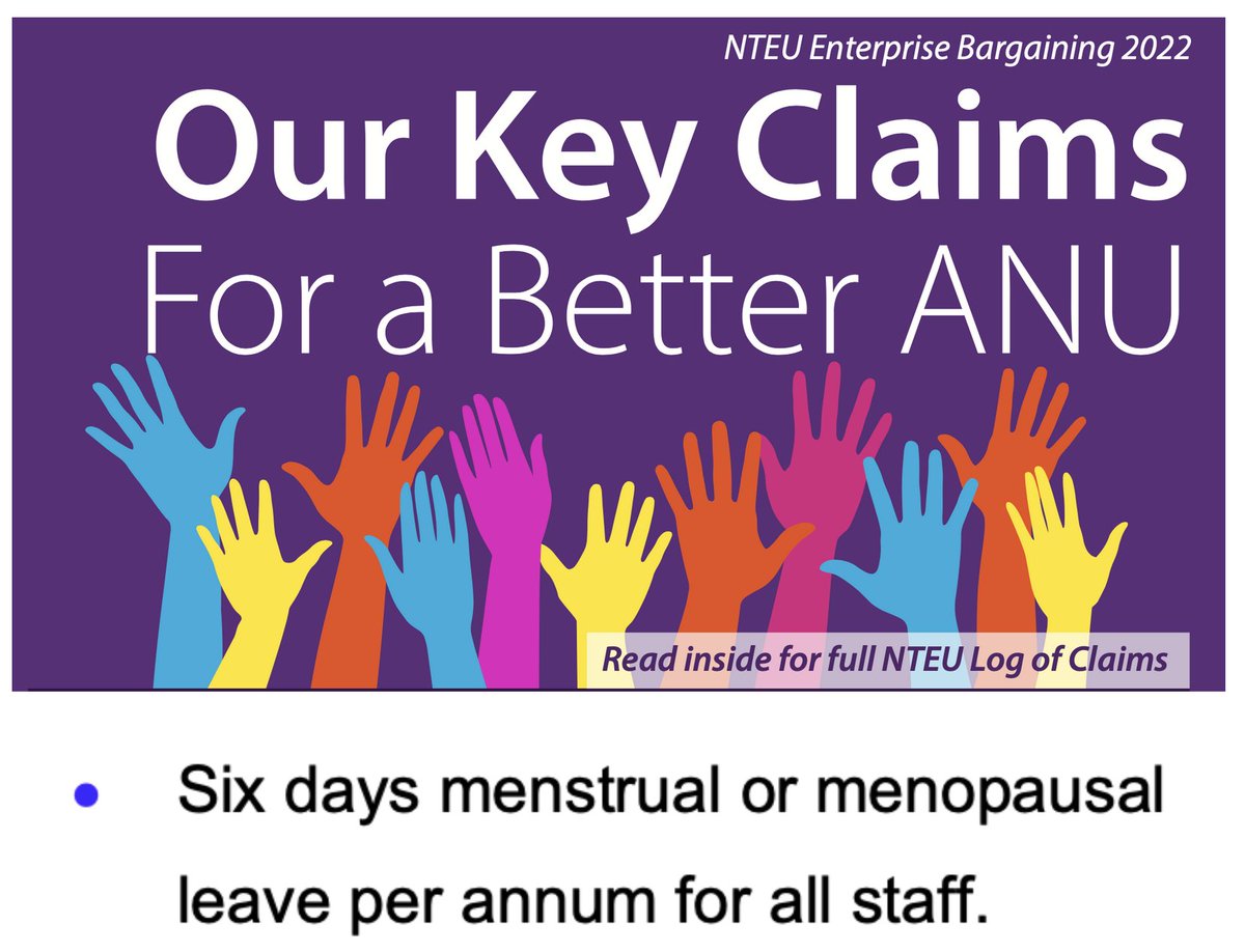 auswoec's tweet photo. The ANU branch of the NTEU put forth a claim for menstrual and/or menopause leave for ‘all staff in its proposed 2022 log of claims. https://t.co/Lkf4t3V3Ql https://t.co/K0zLOXRdjU