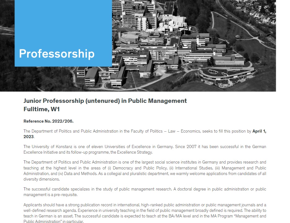 Only two weeks left to apply for the Junior (Assistant) Professorship in #PublicManagement at @Konstanz_Pol_PA @UniKonstanz. If you have any questions regarding this position, feel free to reach out to @InesMergel or me 
stellen.uni-konstanz.de/jobposting/1d8…