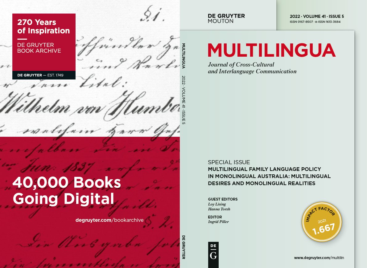 Language on the Move (@lg_on_the_move) on Twitter photo Multilingual family language policy in monolingual Australia: multilingual desires and monolingual realities
New Multilingua <a href="/dg_mouton/">De Gruyter MOUTON ➡️ @dgb-linguistics.bsky.social</a> Special Issue guest-edited by Loy Lising and <a href="/HannaTorsh/">Hanna Torsh</a> <a href="/MQLinguistics/">MQ Linguistics</a>
degruyter.com/journal/key/mu… Multilingual family language policy in monolingual Australia: multilingual desires and monolingual realities
New Multilingua <a href="/dg_mouton/">De Gruyter MOUTON ➡️ @dgb-linguistics.bsky.social</a> Special Issue guest-edited by Loy Lising and <a href="/HannaTorsh/">Hanna Torsh</a> <a href="/MQLinguistics/">MQ Linguistics</a>
degruyter.com/journal/key/mu…