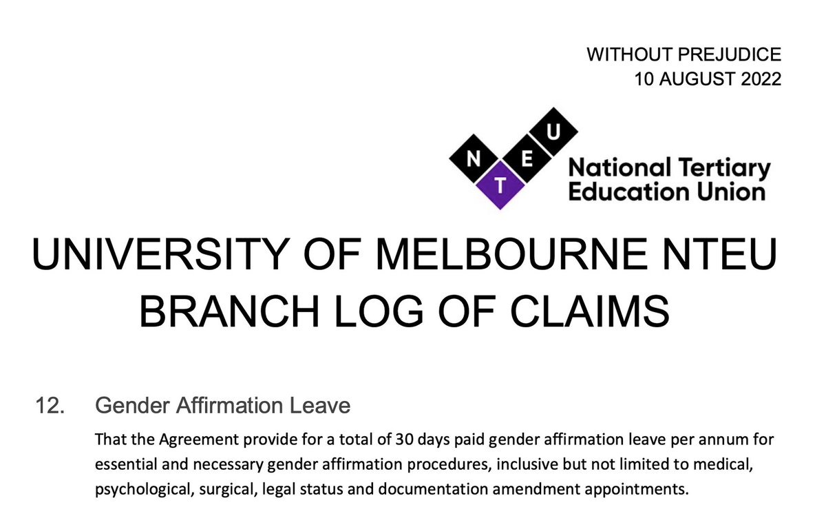 auswoec's tweet photo. The Queer Unionists in Tertiary Education (QUTE) caucus of the NTEU has the power to nationally mandate a claim for 30 days’ gender affirmation leave in the NTEU’s 2022 logs of claims across institutions.   Members could not raise questions about the claim https://t.co/vi7F1Vejy0 https://t.co/gl4y1tuTVc