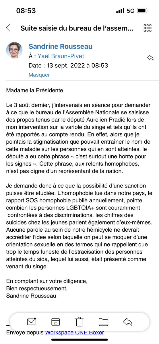 Puisque manifestement les remarques, aux relents homophobes, au sein de l’hémicycle, passent crème, je sollicite de nouveau la Présidente de l’Assemblee Nationale, <a href="/YaelBRAUNPIVET/">Yaël Braun-Pivet</a> au sujet de la phrase d’Aurelien Pradié sur la Variole du Singe. 👇🏻
