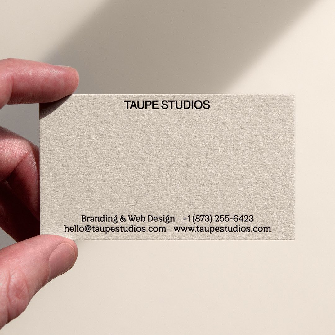 Colorplan Mist 540gsm with a black gloss foil for Taupe Studios' business cards, by <a href="/JotPaperCo/">Jot Press</a>.