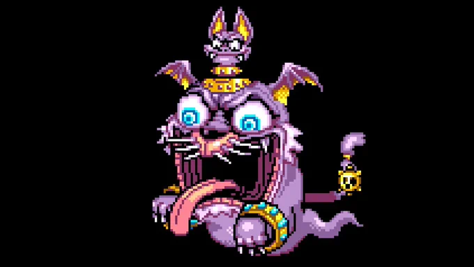 i don't go here but obsessed with this design like that faceee it's that good kind of ugly you want to draww love the tiny specific details with the black gums bloodshot eyes etc also reminds me of this wario land 4 boss??  