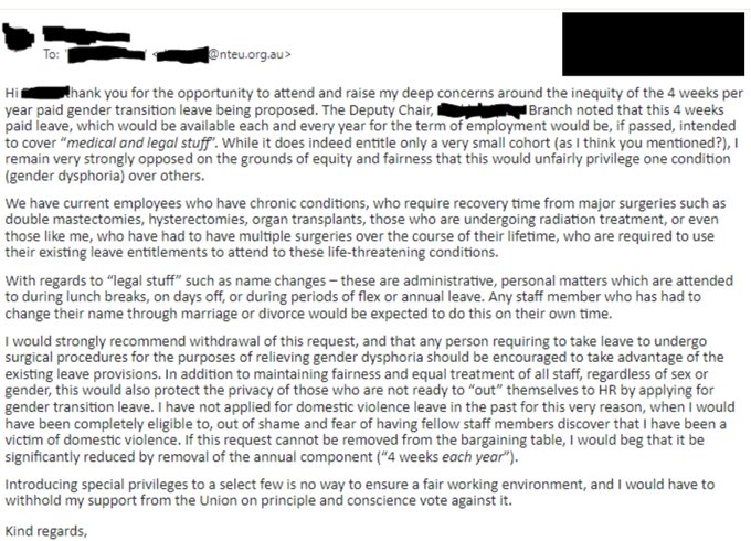 auswoec's tweet photo. NTEU officers have ignored women’s emails regarding ‘gender affirmation leave’. Women members NTEU wrote to national president Alison Barnes &amp; others protesting the proposal. To date, none of these emails below has received a response. https://t.co/KJqXPZ7Jgc https://t.co/3Rt3pl7aLz