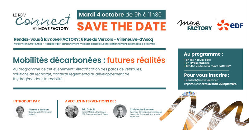 EDF_HDF's tweet photo. [#SaveTheDate 🗓️] Mobilités décarbonées : futures réalités

Participez à cet événement organisé par la #MoveFactory by @Mobivia avec l'intervention des experts @EDF_Entreprises et #Hynamics

#MobiliteElectrique 🚗🔌 #Hydrogene 💧

Infos &amp; résas ➡️ contact@movefactory.fr https://t.co/kes4LV2LIX