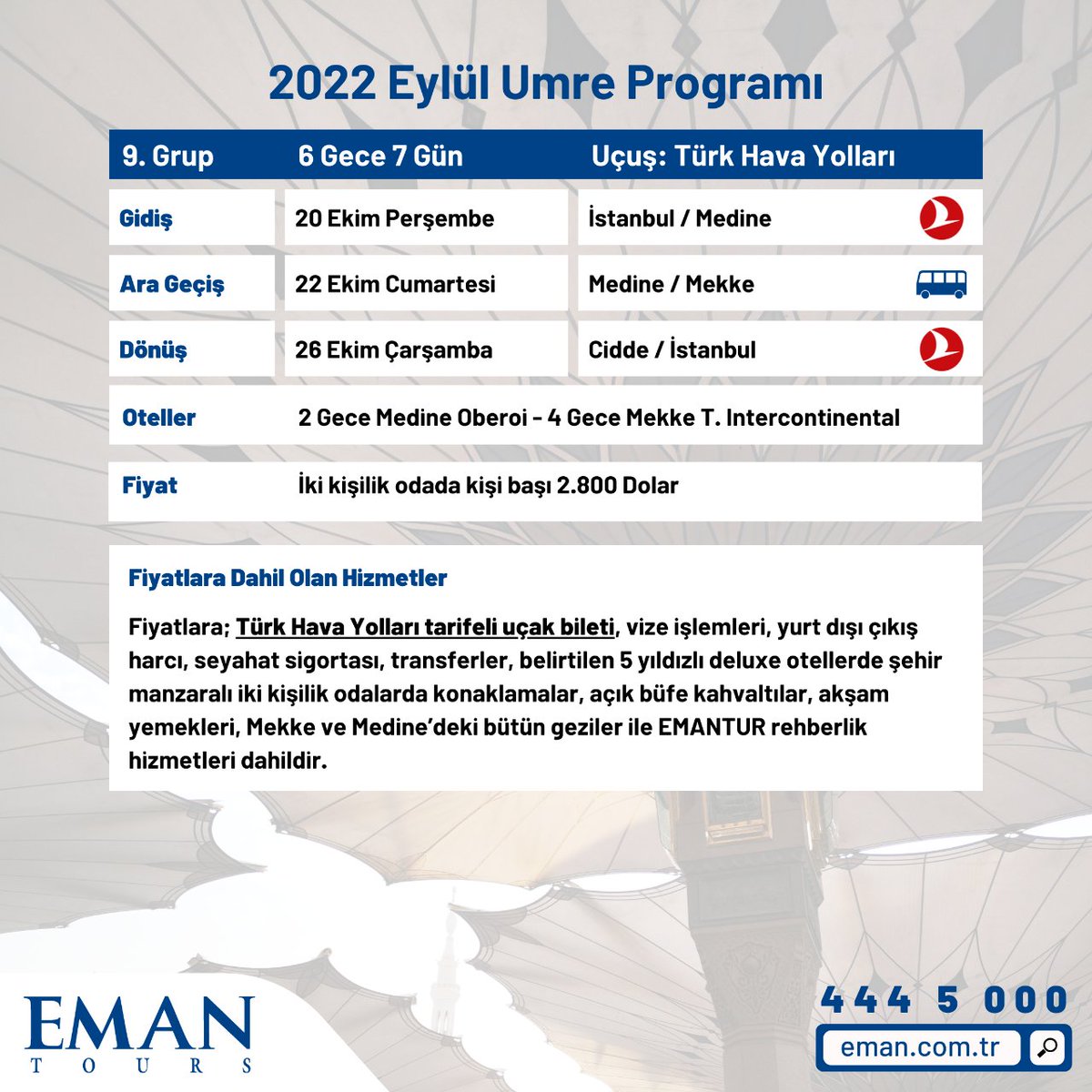 EmanTur's tweet photo. Fiyatlara Dahil Olan Hizmetler:
✔️ Türk Hava Yolları (#THY) tarifeli uçak bileti
✔️ Vize işlemleri
✔️ Yurt dışı çıkış harcı
✔️ Seyahat sigortası
✔️ Transferler
✔️ Belirtilen 5 yıldızlı deluxe otellerde şehir manzaralı iki kişilik odalarda konaklamalar https://t.co/kd59UKtrEJ