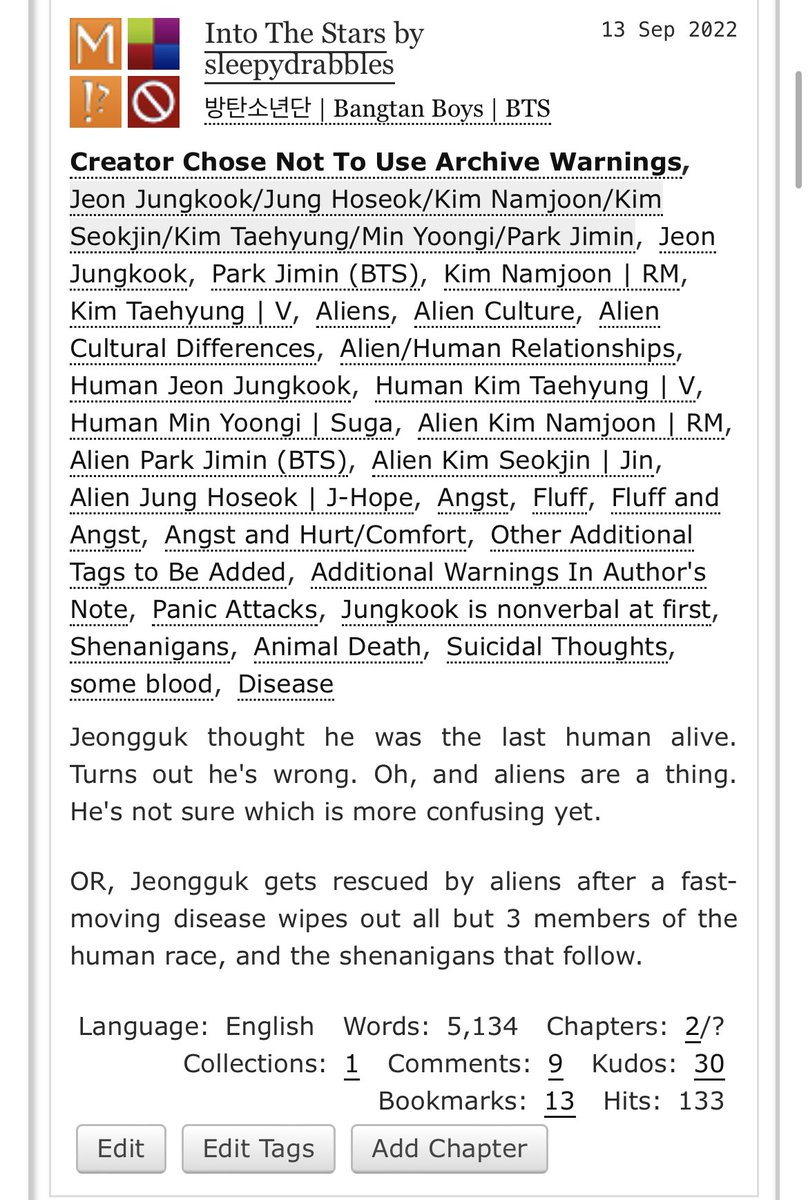Into The Stars 
OT7 Alien Au for <a href="/bts_polyamfest/">BTS Polyam Fest S2 - Rest</a> 
Mature 
Angst, Human-Alien Shenanigans, More Tags To Be Added 

archiveofourown.org/works/40197375…