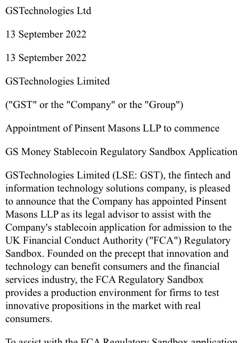 HTrader64's tweet photo. #gst $gst 

Massive news out today that one of the uk’s largest law firms Pinsent Mason are hired to assist in the FCA Regulatory Sandbox application

GST can become leader and 1st quoted &amp; FCA approved co to issue stable coins &amp; payments in UK &amp; beyond

Incredible news &amp; upside https://t.co/iojEga6k0U