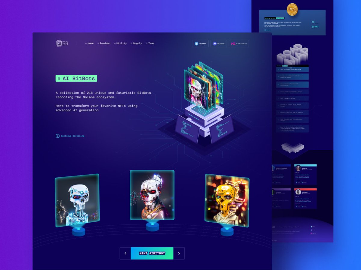 Working on a🤖<a href="/AIBitbots/">AI BitBots</a> UI/UX. Live website coming soon🔥

#uidesign #uxdesign #WebsiteDesign #uiux #SolanaNFTs