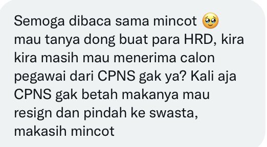 hrdbacot's tweet photo. Ada ga yg pernah menyeberang dari ASN ke Swasta? Sulit ga? 

Coba sini cerita. https://t.co/d80BRiK89Q