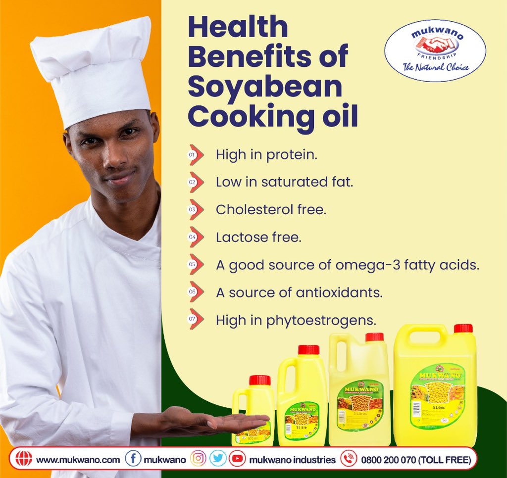 mukwano_ind's tweet photo. Do you know the benefits of our Soya bean oil? 
Mukwano Soya bean oil is 100% Ugandan sourced, ultrarefined, low in saturated fats, Ideal for deep frying, fortified with vitamin A and supports bone health among others. Call our outlet service line: +256 393 24182 #Healthy https://t.co/NfOLbuWDTr