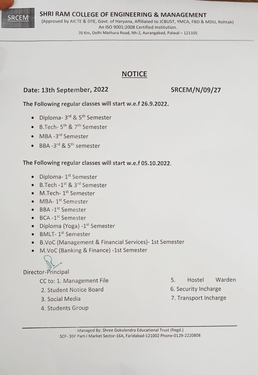 srcemcollege's tweet image. Urgent Notice!!!
Classes will be start from following dates:
Mark the dates
.
.
.
#timetable #notice #regularclasses #engineering #management #diploma #admissionopen #admissionopennow #srcem