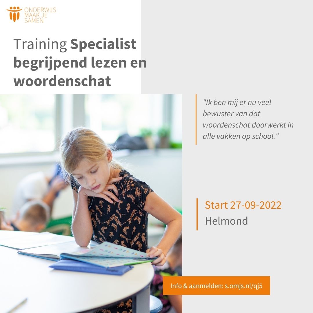 Training specialist begrijpend lezen en woordenschat. Verbeter je begrijpend-leesonderwijs door aandacht te besteden aan de uitbreiding van (woordenschat)kennis van leerlingen. 👉🏻 Meer info &amp; aanmelden via s.omjs.nl/qj5 #OMJS #woordenschat #taal #lezen
