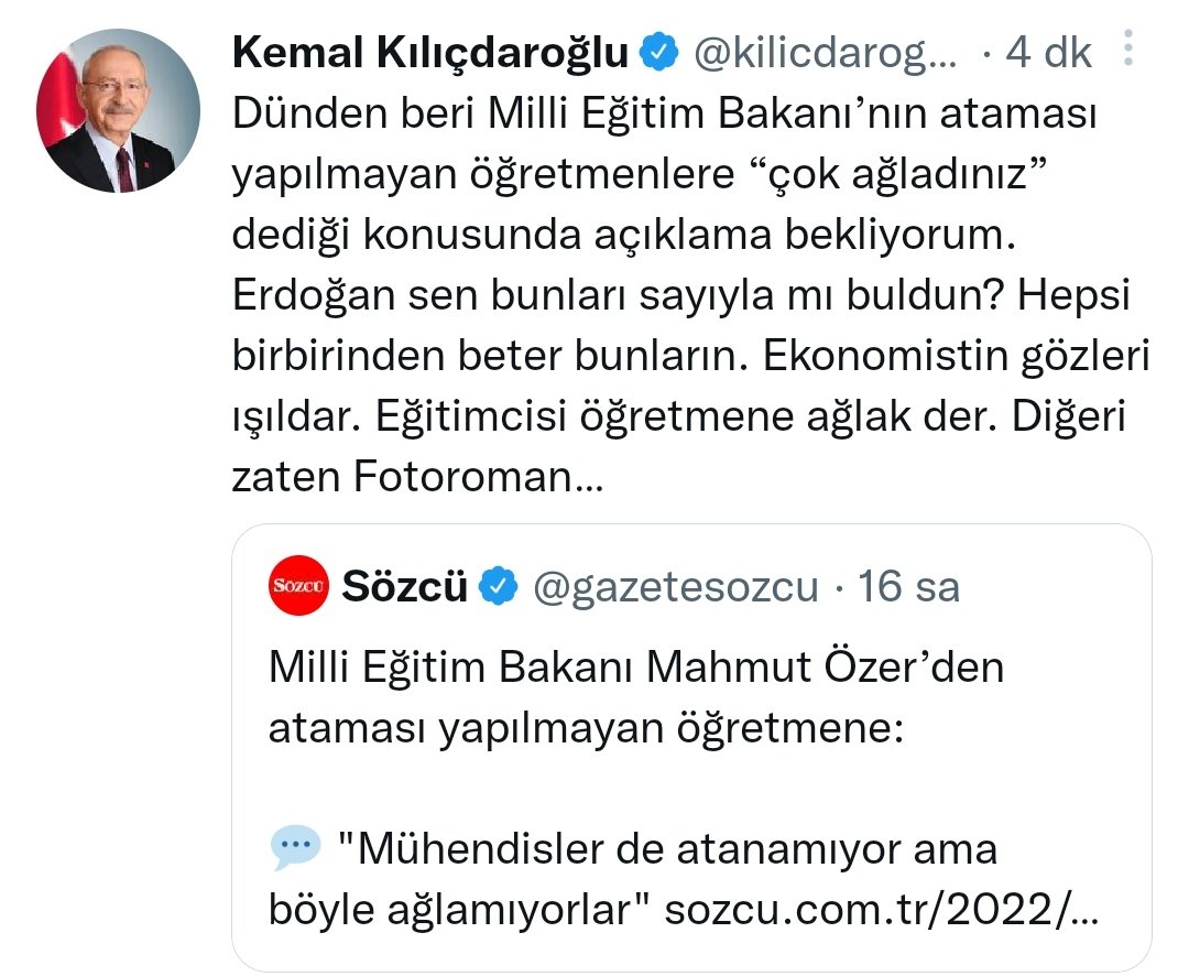 Kemal Kılıçdaroğlu, MEB Bakanı'nın sözleriyle ilgili açıklama yaptı:"Ekonomistin gözleri ışıldar, Eğitimcisi öğretmene ağlak der, diğeri zaten Fotoroman..."