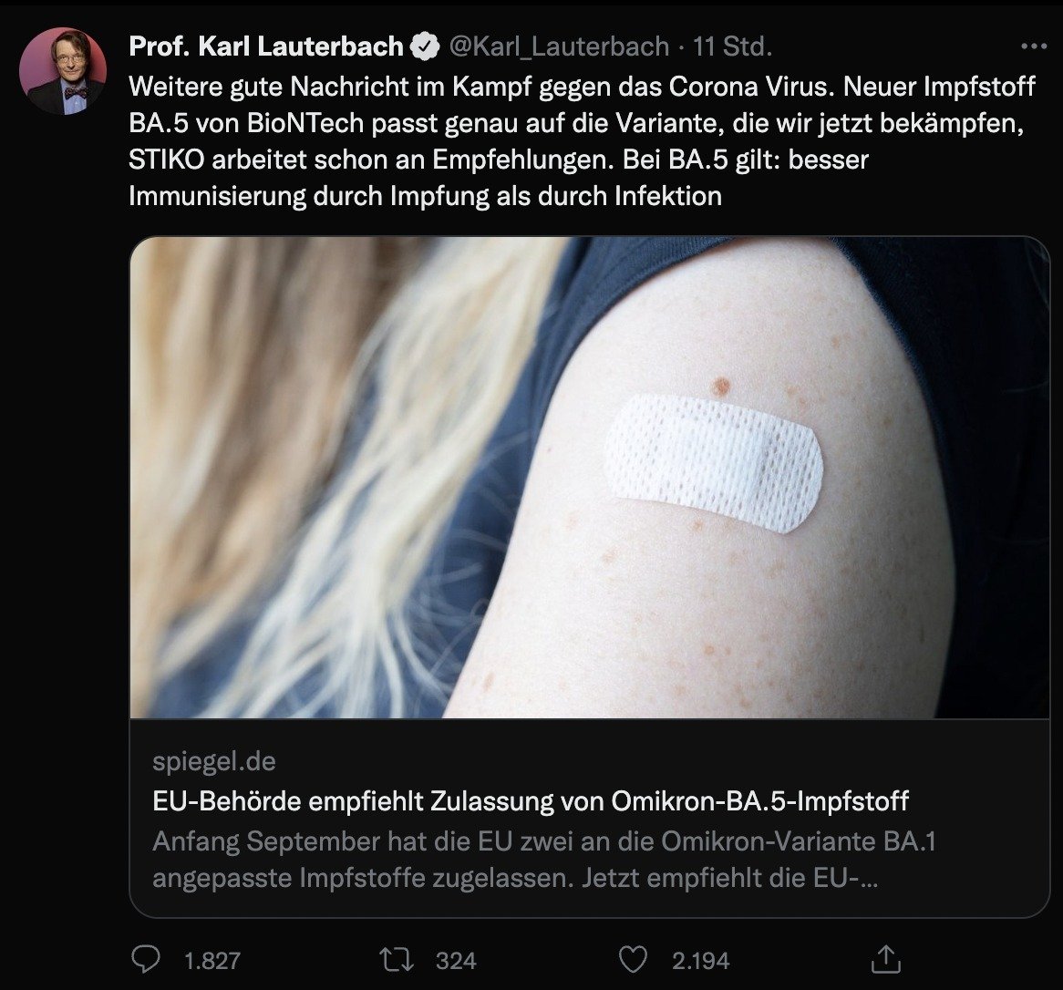Fast 4 Mio Impfdosen musste die #Bundesregierung bereits im Juli vernichten, trotzdem spielt #Lauterbach das hohe Lied der #Impfung weiter. Analog zum eingeschlafenen #Biontech-Kurs erinnert er mehr an einen verzweifelten Anlageberater als an einen Gesundheitsminister. #AfD
