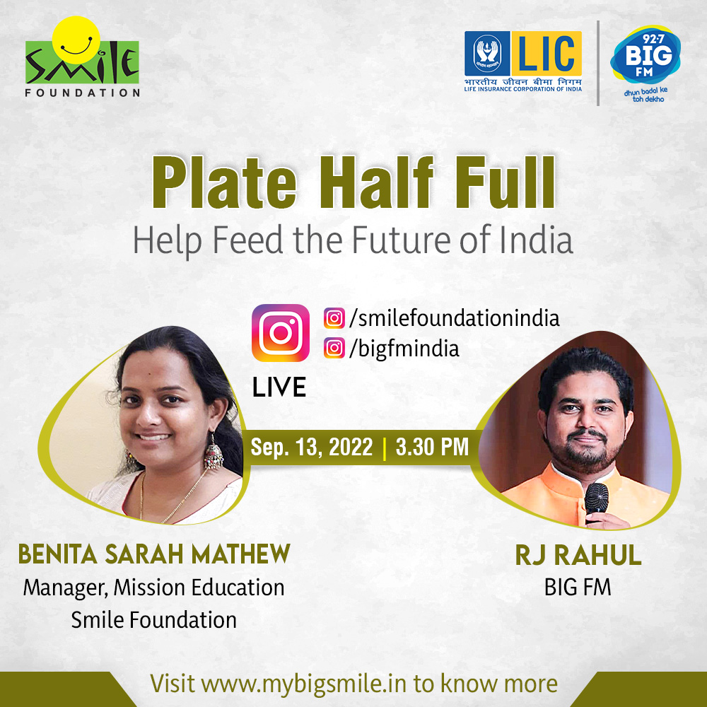 smilefoundation's tweet photo. Under #PlateHalfFull initiative, Smile Foundation has distributed 3 cr meals to 3.66 lacs children & families with your support.
Catch us LIVE on Insta today at 3:30 PM, on the Insta pages of @smilefoundation & @bigfmindia to share the nutritional talks.
https://t.co/lbd0OEJKCZ https://t.co/80GNmvqed3