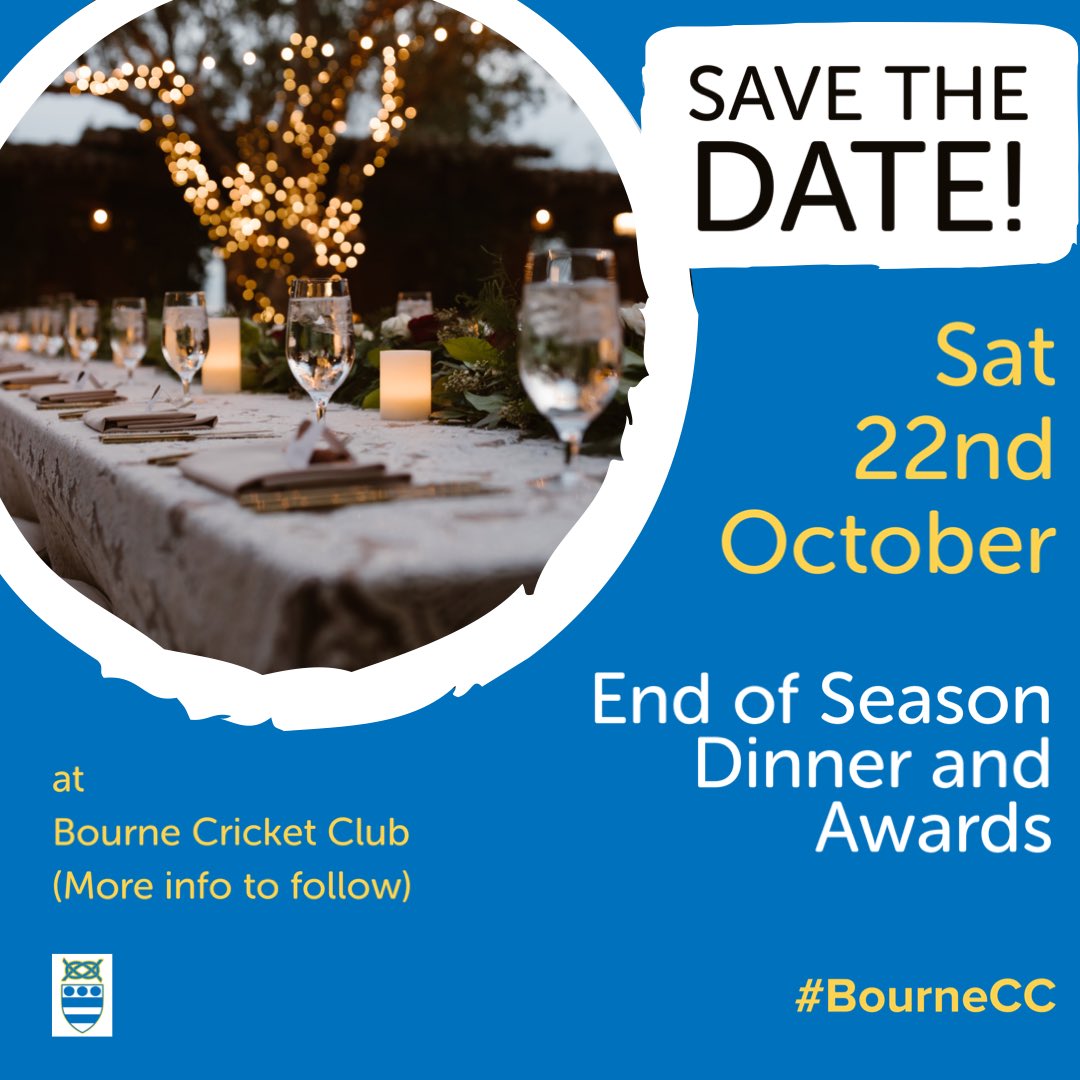 BourneCC's tweet photo. Calling all players โฆand supporters too! Save the date for our end of season awards evening at the cricket club. Dancing after! Menu choices etc will followโฆ ๐
#SaveTheDate #BourneCC https://t.co/38dqs25v3d