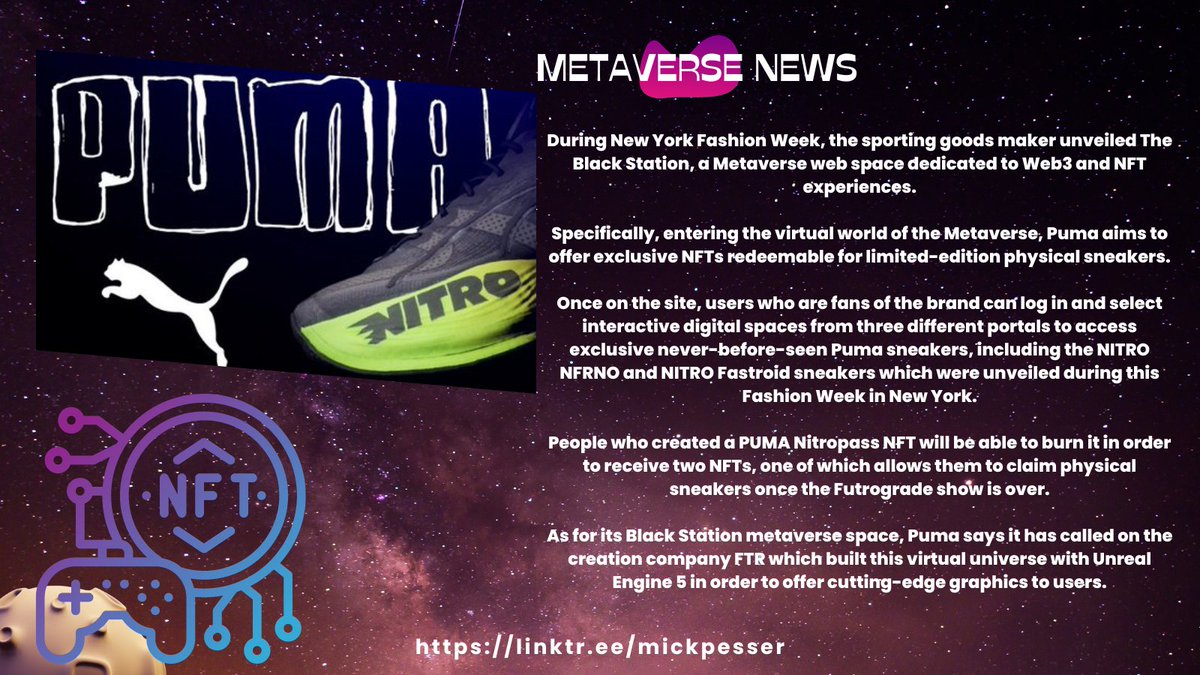 MickaelPesser's tweet photo. Actualité Métaverse 👇
Puma se lance dans le métaverse et les NFT
Metaverse News 👇
Puma launches into the metaverse and NFTs
@PUMA
@FTRworld
#FUTROGRADE #Metaverse #BlackStation #NFTs #sneakers https://t.co/C1t6CdnNDT