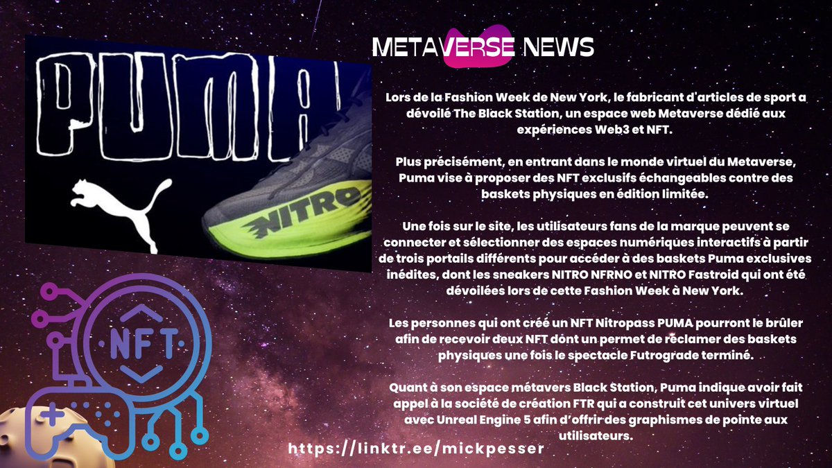 MickaelPesser's tweet photo. Actualité Métaverse 👇
Puma se lance dans le métaverse et les NFT
Metaverse News 👇
Puma launches into the metaverse and NFTs
@PUMA
@FTRworld
#FUTROGRADE #Metaverse #BlackStation #NFTs #sneakers https://t.co/C1t6CdnNDT