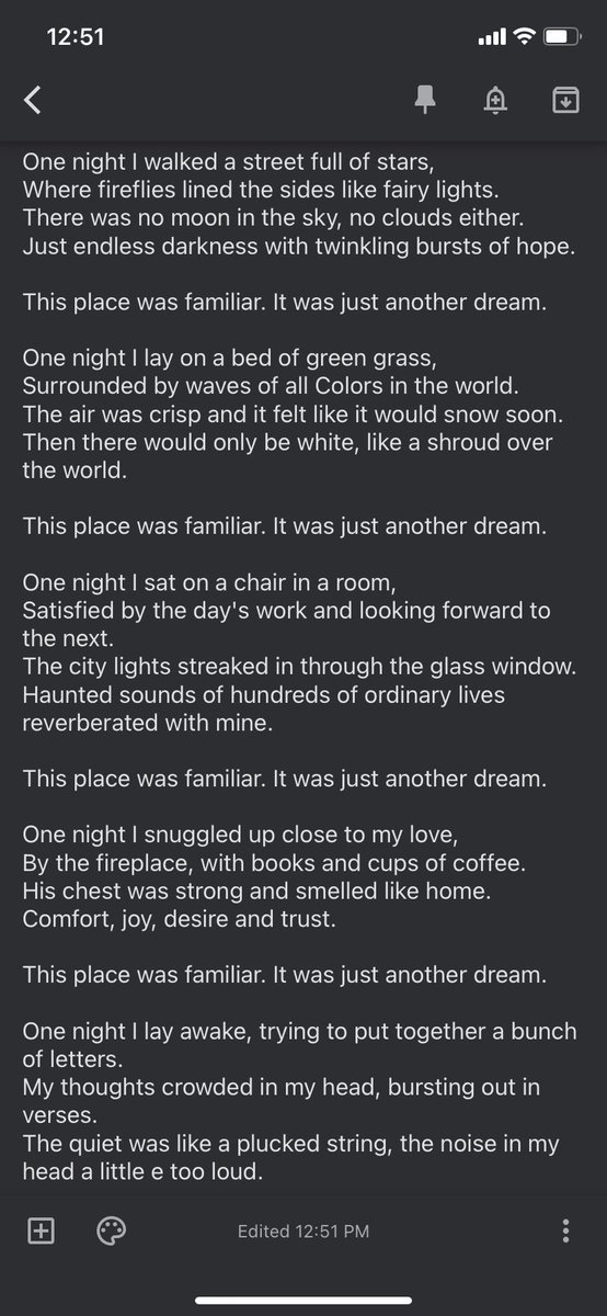 gauri_writes's tweet photo. This poem I wrote ends like: But this place was familiar it was just another dream.

Would love some support 🙈

#poem #WritingCommmunity #writing https://t.co/TE2S7I9Woq