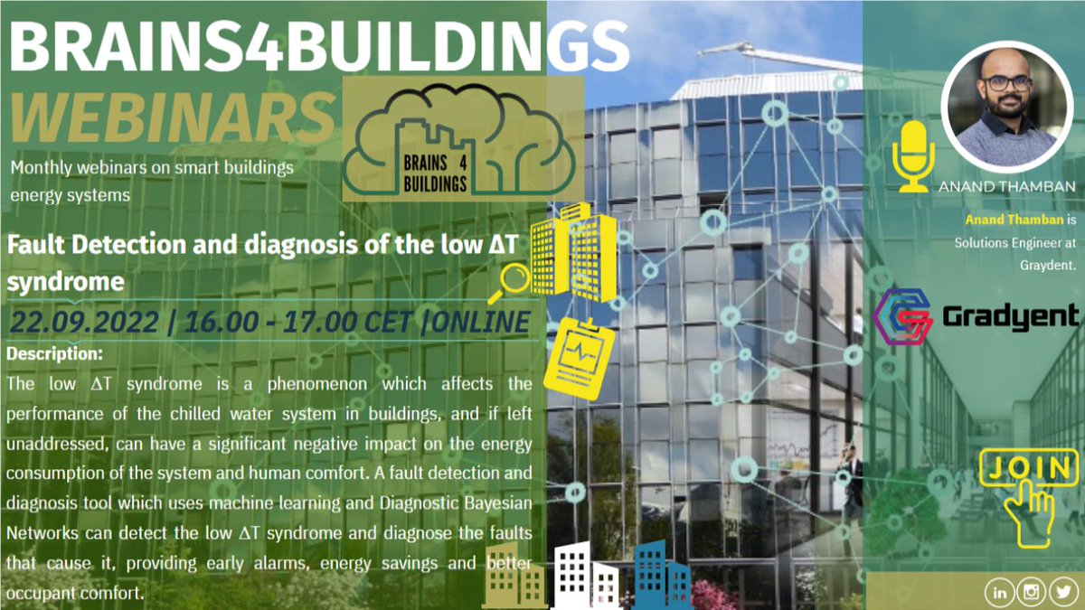 Het consortium #brains4buildings heeft weer een webinar op de planning staan over #energiesystemen voor #smartbuildings. Op 22 sep vertelt Anand Thamban je meer over een tool voor foutdetectie en het stellen van een diagnose. brains4buildings.org/news/