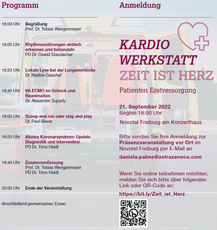 Interdisziplinäre Medizinische Intensivtherapie FR (@imit_freiburg) on Twitter photo Am 21.9. ist Kardiowerkstatt! Interdisziplinäre Fortbildung für #Rettungsdienst, Notaufnahme, Intensivstation und #Kardiologie mit Updates zu lokaler Lyse bei Lungenembolie, #eCPR, Reanimation und #ACS <a href="/TobiWengenmayer/">Tobias Wengenmayer</a> <a href="/HeidtTimo/">TimoHeidt</a> @NotfallzentrumF <a href="/dirkwestermann/">Dirk Westermann</a> <a href="/YoungDgk/">Young DGK</a> Am 21.9. ist Kardiowerkstatt! Interdisziplinäre Fortbildung für #Rettungsdienst, Notaufnahme, Intensivstation und #Kardiologie mit Updates zu lokaler Lyse bei Lungenembolie, #eCPR, Reanimation und #ACS <a href="/TobiWengenmayer/">Tobias Wengenmayer</a> <a href="/HeidtTimo/">TimoHeidt</a> @NotfallzentrumF <a href="/dirkwestermann/">Dirk Westermann</a> <a href="/YoungDgk/">Young DGK</a>