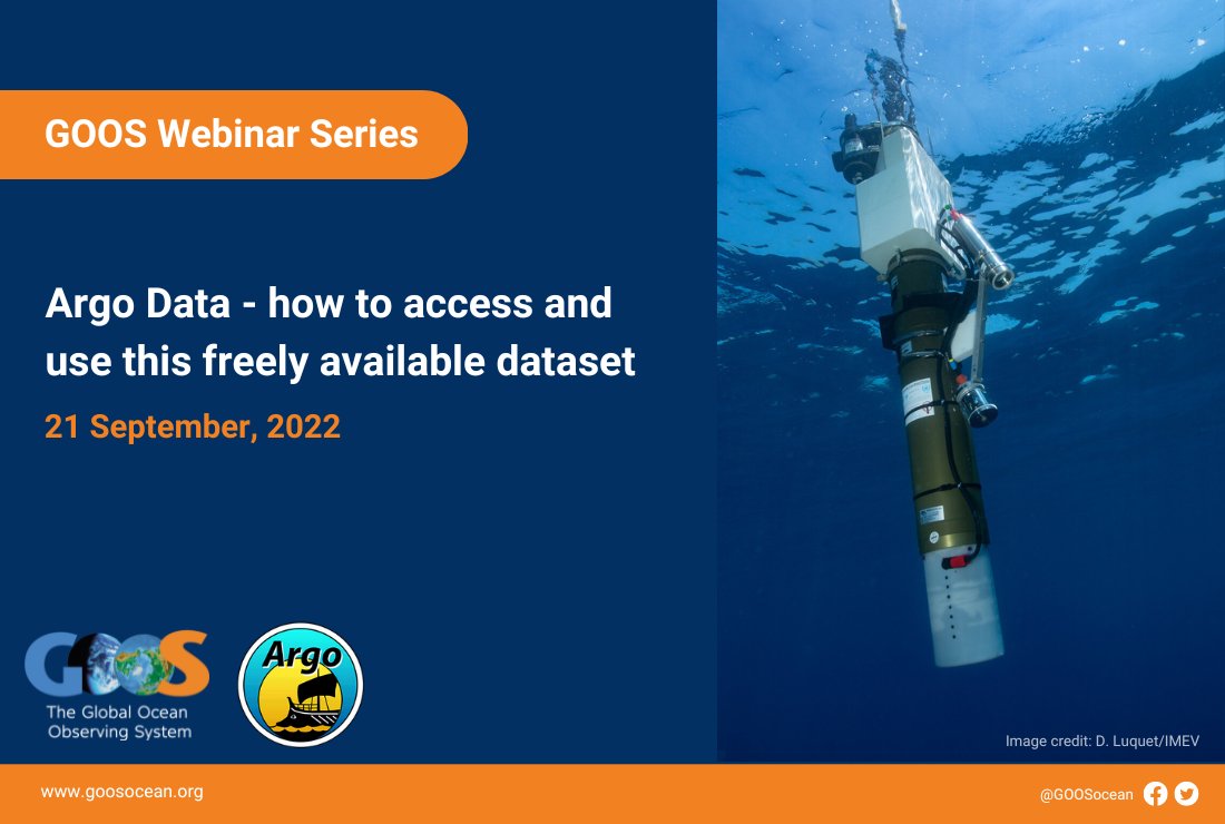 GOOSocean's tweet photo. Familiarize yourself with #Argo data and learn how to access this fantastic resource!

GOOS Webinar Series: Argo Data - how to access and use this freely available dataset
📅 21 September, 2022 | 12:00 UTC/GMT
✅Registration: https://t.co/l2eMKQkk1E https://t.co/S4Z5iYxLEp