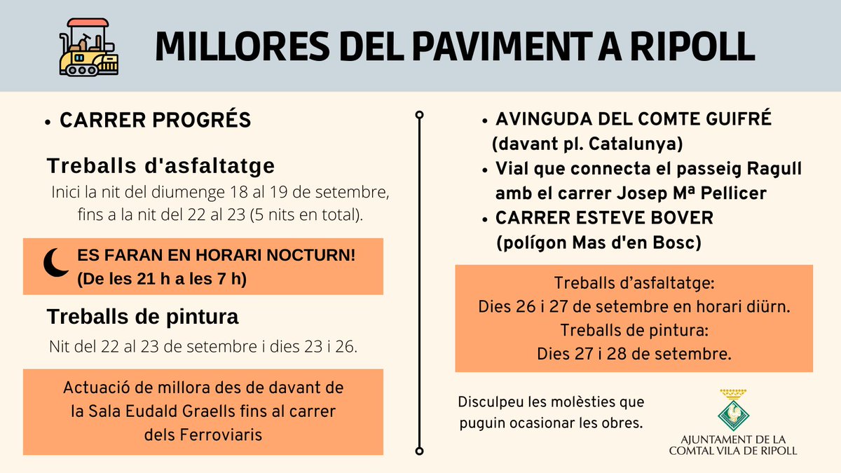 Ajuntament de Ripoll (@aj_ripoll) on Twitter photo 🚧 Arriben les obres de millora del paviment al carrer Progrés i altres vies de #Ripoll.
🗓️ Afectacions del 18 al 28 de setembre.
🔗 Tots els detalls, al cartell informatiu i aquí: ripoll.cat/arriben-les-ob… 🚧 Arriben les obres de millora del paviment al carrer Progrés i altres vies de #Ripoll.
🗓️ Afectacions del 18 al 28 de setembre.
🔗 Tots els detalls, al cartell informatiu i aquí: ripoll.cat/arriben-les-ob…