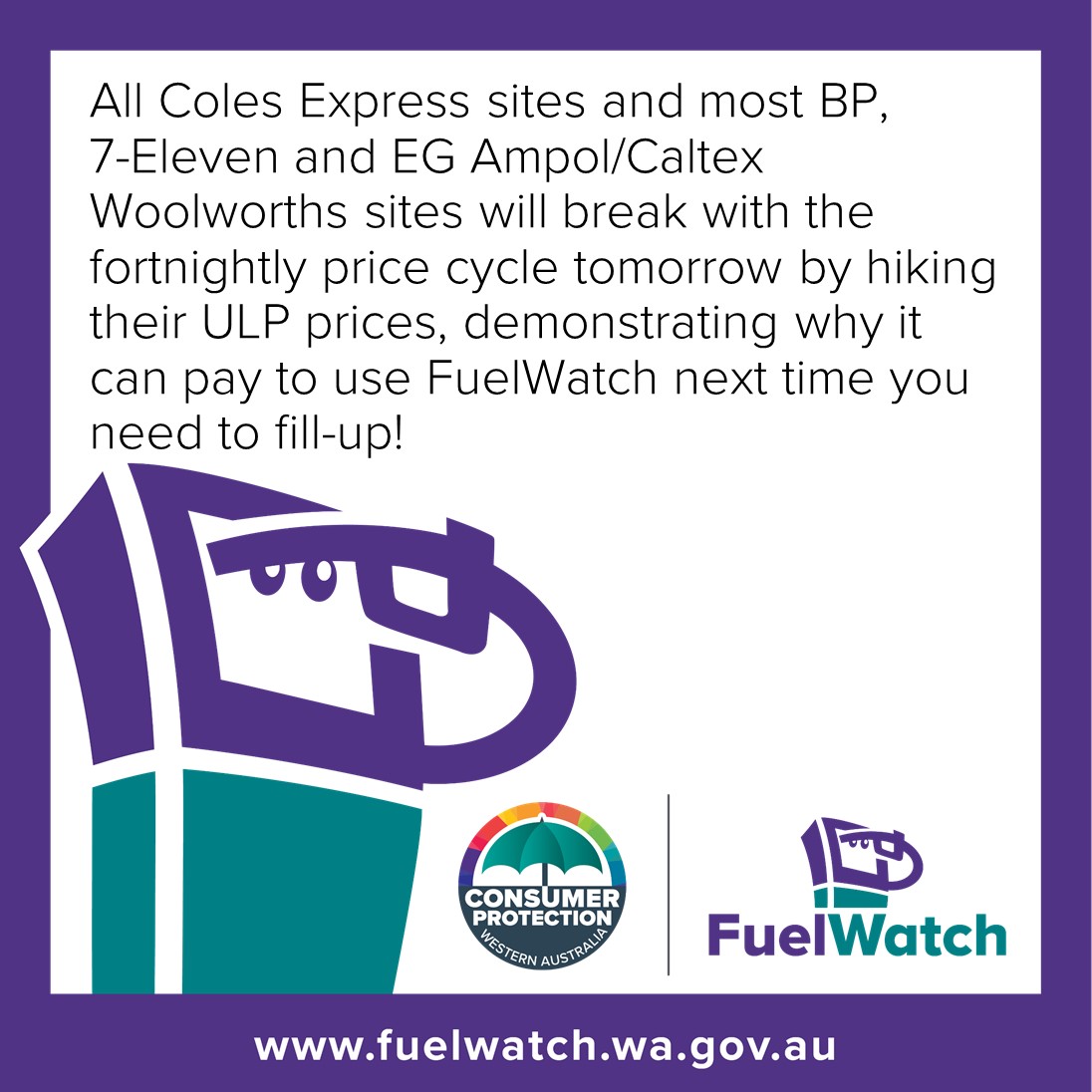 ⛽️Fuel price alert⛽️
A number of petrol retailers will break the current fortnightly price cycle tomorrow by hiking their ULP prices:
💰 All Coles Express sites⬆️to 189.9 cpl
💰 Most BP sites⬆️up to 173.9 cpl
💰 Most 7-Eleven &amp; EG Ampol/Caltex Woolworths sites⬆️up to 172.9 cpl