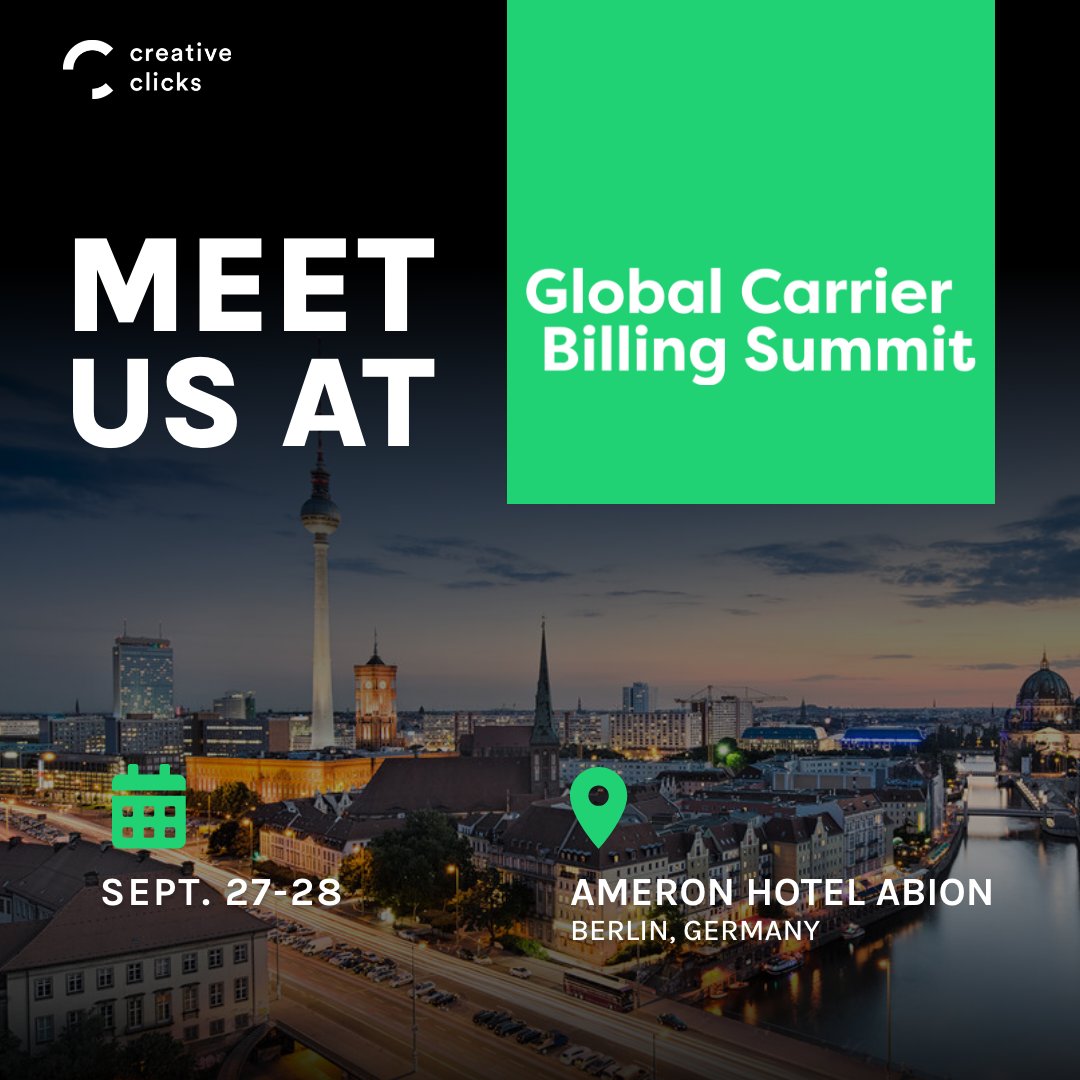 _creativeclicks's tweet photo. Berlin here we come!
We are super excited to announce that a part of our team will attend the Global carrier Billing Summit!
If you would like to schedule a meeting with us, send an email to: ccbusinessdev@creativeclicks.com
#creativeclicks #ccevents https://t.co/en0DOrfHHs