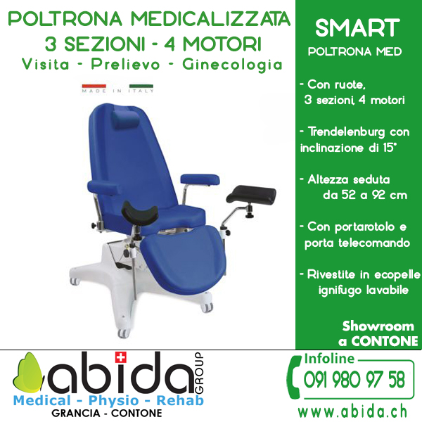 POLTRONA MULTIFUNZIONE per VISITA, PRELIEVO, GINECOLOGIA con ruote – 3 sezioni – 4 Motori. ABIDA GROUP Propone soluzioni studiate per FISIOTERAPIE, STUDI MEDICI, CASE ANZIANI e OSPEDALI. Consulenza gratuita ed assistenza diretta.
 bit.ly/3yPirQ4