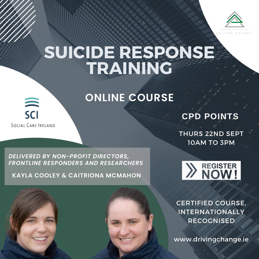 Only a few member tickets left for our certified Suicide Response Training on the 22nd of September, in partnership with <a href="/SocialCareIre/">Social Care Ireland</a> 

Details and tickets available at socialcareireland.ie/event/driving-…