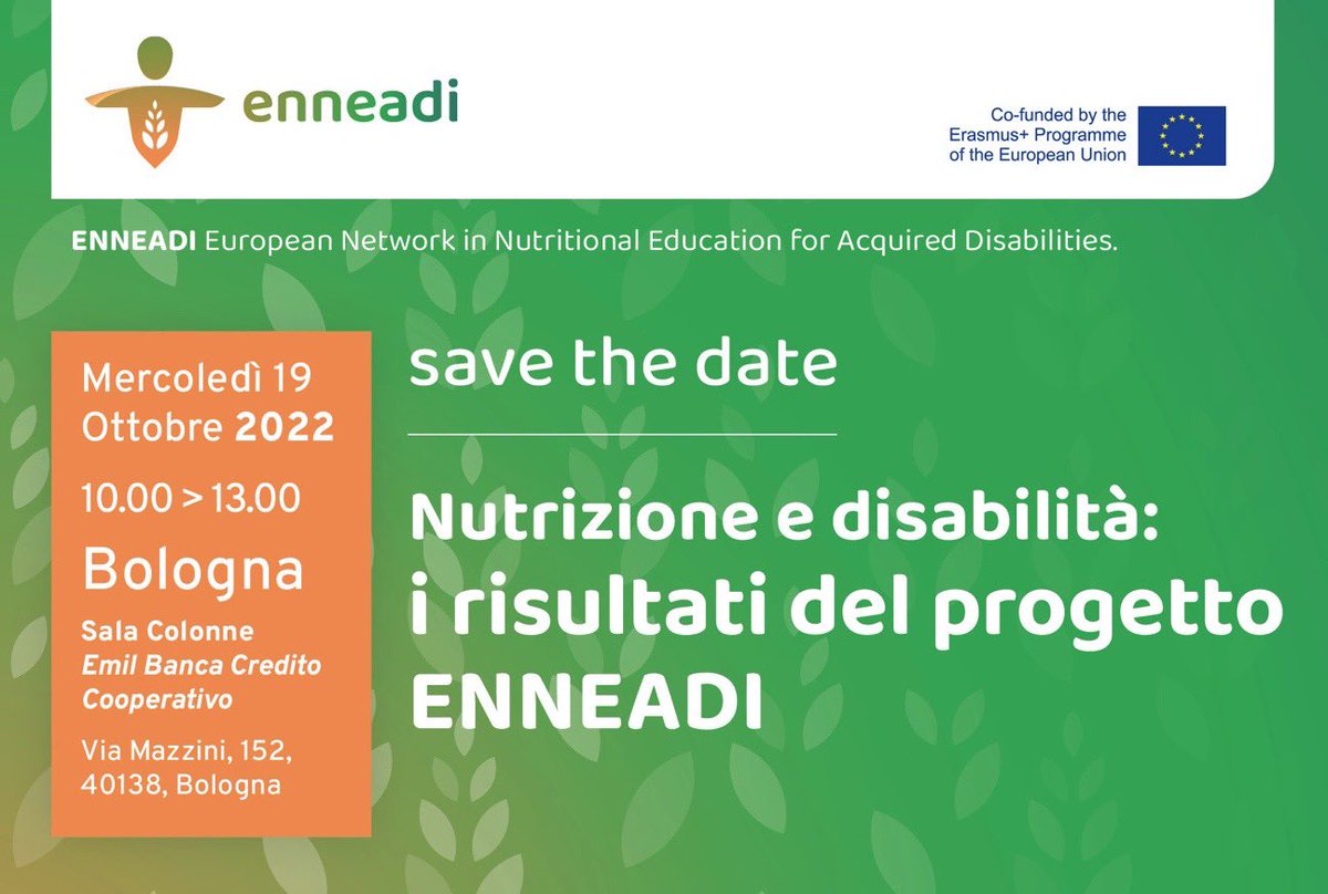 enneadi's tweet image. 🤩The time has come! Find out the results of #Enneadi project!

🗓October 19, 2022

🕦10 a.m. to 1 p.m., Emil Banca Credito Cooperativo

Detailed program coming soon!
@minghinelli @NuevaOpcionDCA @EUErasmusPlus @ErasmusPlusINAP @Unibo 

#nutritionaleducation #disability