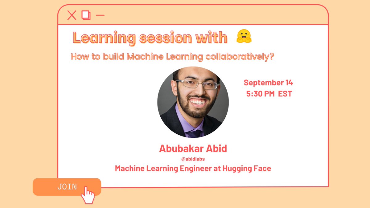 edu_huggingface's tweet image. 🌎 Do not miss this week @huggingface ML Demo.cratization Tour in Canada 🤗 Thanks to the great student ambassadors @asusevski &amp;amp; Alvin for the collaboration 🙏 You will learn from @abidlabs how to build ML using open-source technologies!! Register here 👉 docs.google.com/forms/d/e/1FAI…