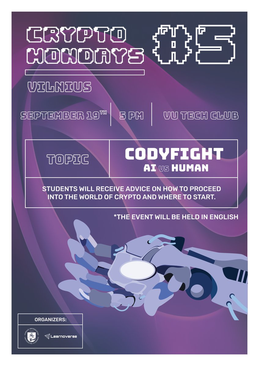 CryptoVilnius's tweet photo. Meetup #5: Codyfight Success story + How to enter into Crypto 💫

Only a week left of our monthly #CryptoMondayVilnius event!

Join us on September 19 at VU tech hub.
This time, we will talk about Codyfight, and how to enter the Crypto world. 🌐

https://t.co/gCrOKrtiCV https://t.co/9wqgTmJEkY