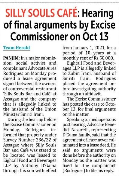 oheraldogoa's tweet image. #SillySoulsCafe: #Hearing of final arguments by #ExciseCommissioner on Oct 13
Read:epaper.heraldgoa.in/articlepage.ph…

#Goa #News