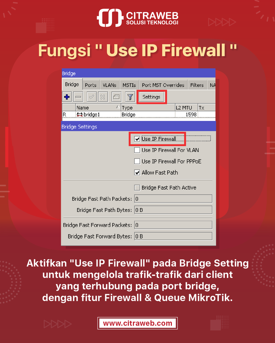 mikrotik_id's tweet image. Memilih opsi Use IP Firewall pada Tab Settings, kita bisa mengelola trafik dari client yang terhubung pada port bridge dengan fitur Firewall &amp;amp; Queue.

Management Bridge Client
mikrotik.co.id/artikel/163/

#firewall #Jaringan  #MikrotikTutorial #NetworkEngineer #Citraweb  #CST