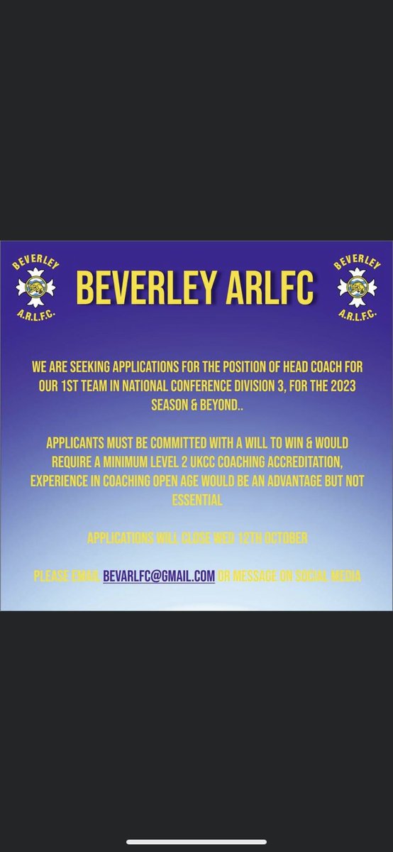 An opportunity has arisen to be the Head Coach of our First Team in the NCL Division 3 for the 2023 season and beyond. 
This is a very exciting time for the club as we look to push for promotion into the NCL Division 2.
If you are interested please email bevarlfc@gmail.com