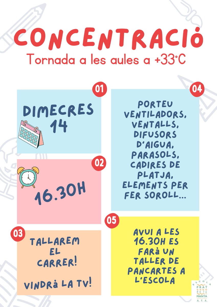 AVVSomSEulalia's tweet photo. La comunitat educativa de #SantaEulàlia, es mobilitza

La situació a les aules és insostenible.

Concentració i tall de carrer!
Dimecres 14/09
16:30h
Escola Prat de la Manta

Famílies de totes les escoles públiques del barri, hi esteu convidades.

#EnsOfeguem
#SomSantaEulàlia https://t.co/Ufu1a7OYPn