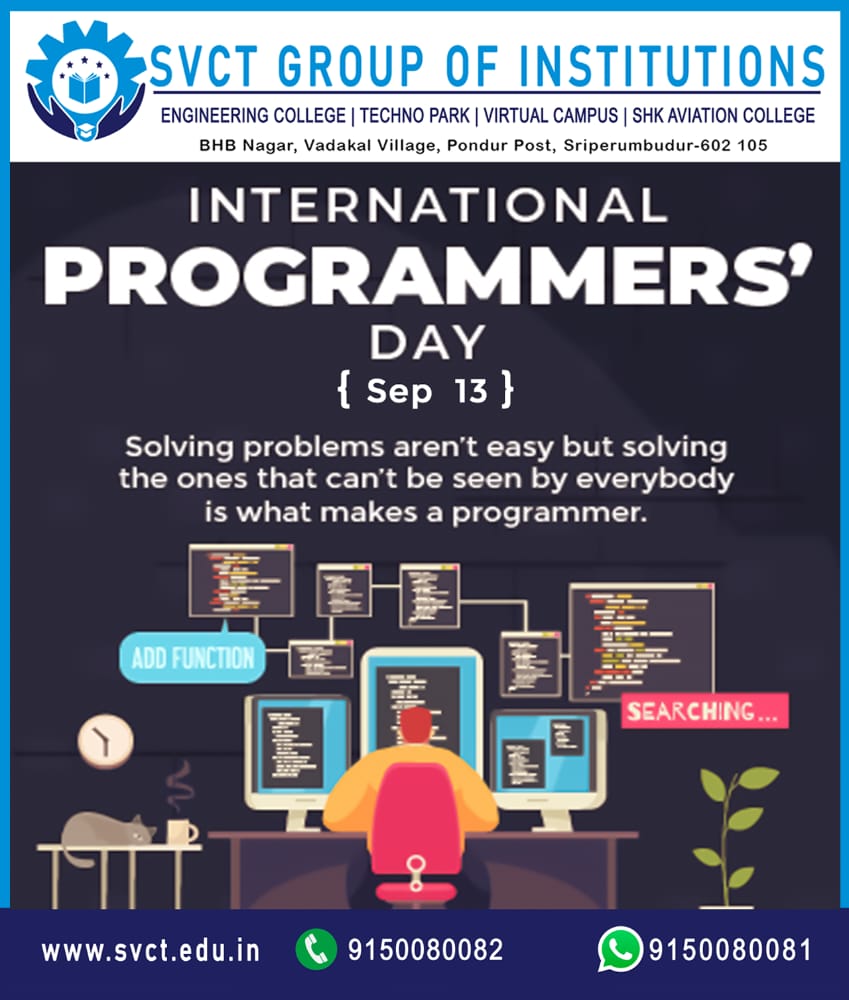 MediaSvct's tweet photo. Programmers are the ones who can make the impossible possible with their creativity and coding. Svct wishing a very Happy Programmers’ Day to all the innovative minds.#svct #internationalprogrammerday https://t.co/AuMBSZgh0F