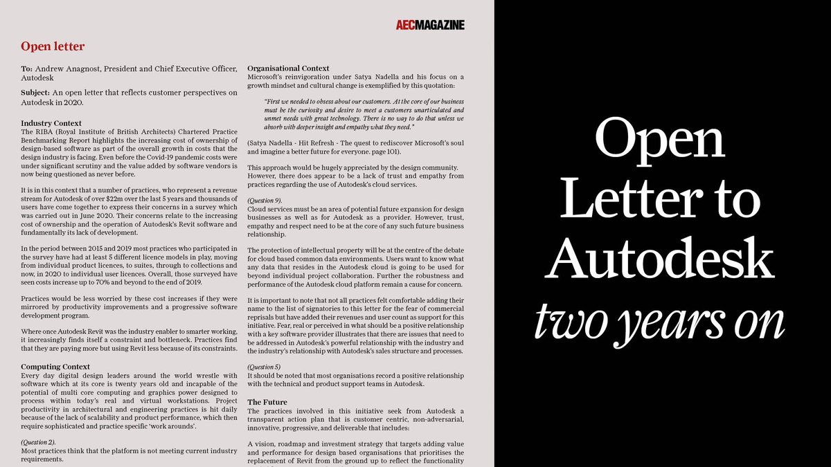 AECmagazine's tweet photo. Two years on from the original Open Letter to Autodesk which rocked the architectural world, AEC Magazine hears from the signatories, as to how well they feel Autodesk has done in meeting their requests
https://t.co/xrxP3S2yoE
#Revit #Autodesk #BIM https://t.co/vcCVd1Wr8H