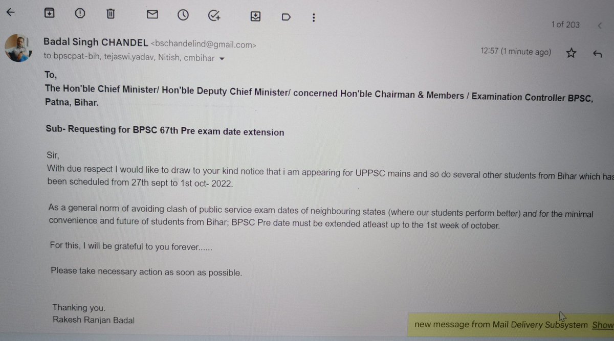 BSChandel's tweet photo. Sir, please take needful actions &amp; order for date extension. @NitishKumar @officecmbihar @yadavtejashwi @BpscUnion @IASassociation @BiharEducation_ @VijayKChy 
#BPSC67thPrelims #BPSC_UPSC_Clash #bpsc #bpsc_clash_uppsc https://t.co/10ciJDv3RF