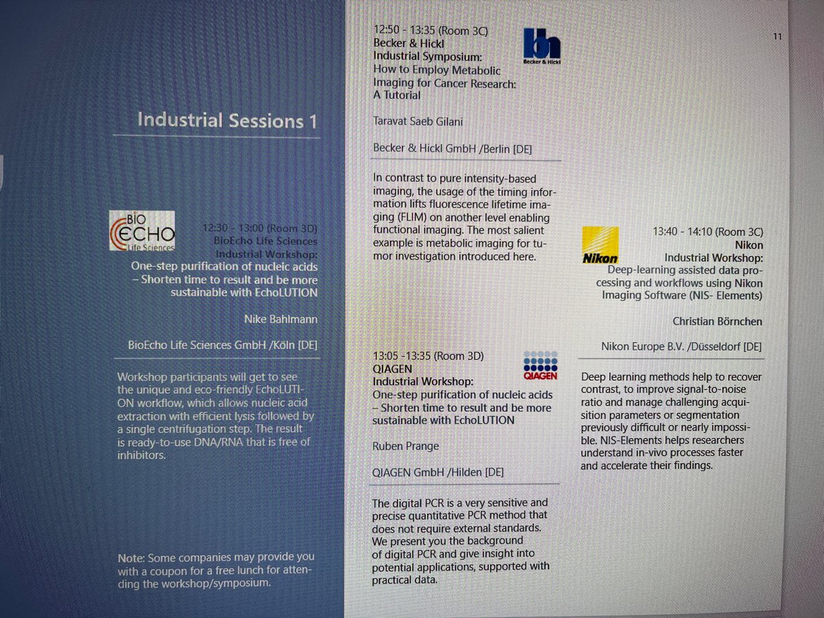 #GBMFallConference <a href="/HHU_de/">Heinrich-Heine-Universität Düsseldorf</a>: Take the opportunity to attend our sponsors' presentations during lunch break on exciting topics with lots of tips and excellent ideas for working in the lab <a href="/BioEchoLS/">BioEcho LifeSciences</a>, <a href="/Becker_Hickl/">Becker & Hickl GmbH</a> , <a href="/NikonInst/">Nikon Microscope Solutions</a> and <a href="/QIAGEN/">QIAGEN</a>