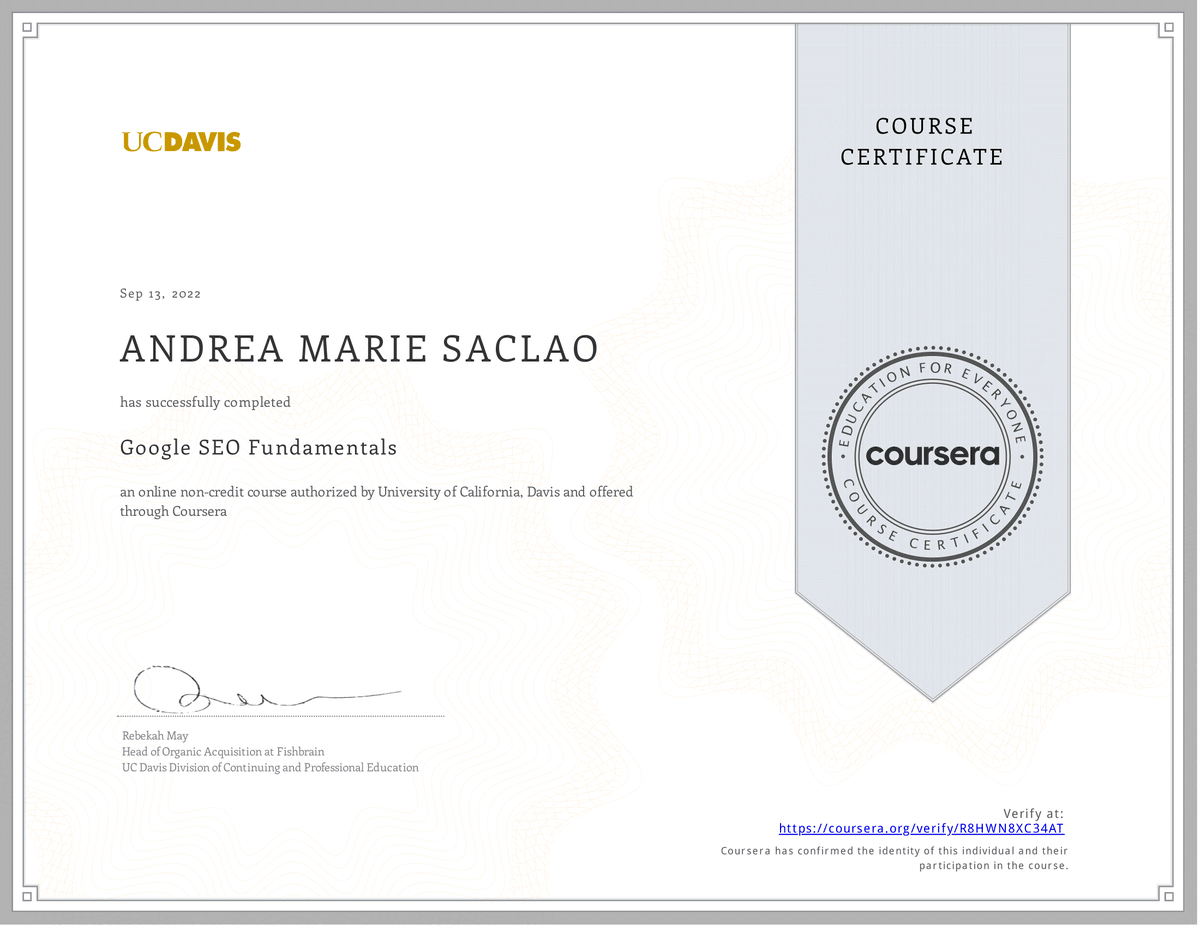 theAMSocialClub's tweet photo. Yaay! Finished my Google SEO Fundamentals course. 🥰 #seo #google #coursera https://t.co/8Vfbf8rynO