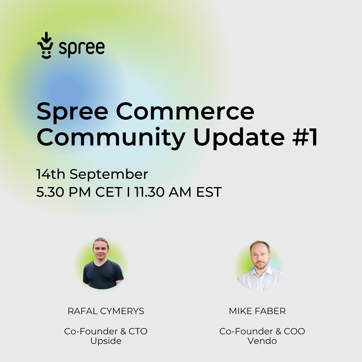 Save the date for <a href="/spreecommerce/">Spree Commerce</a>  Community Update:

Make sure you join to listen to:
Mike Faber (<a href="/getvendo/">Vendo</a>) on changes in Spree's stewardship
Rafal Cymerys (<a href="/UpsideLab/">Upside</a>) on the next Open-Source Release and Product Roadmap

Make sure to book your spot: hopin.com/events/spree-c…